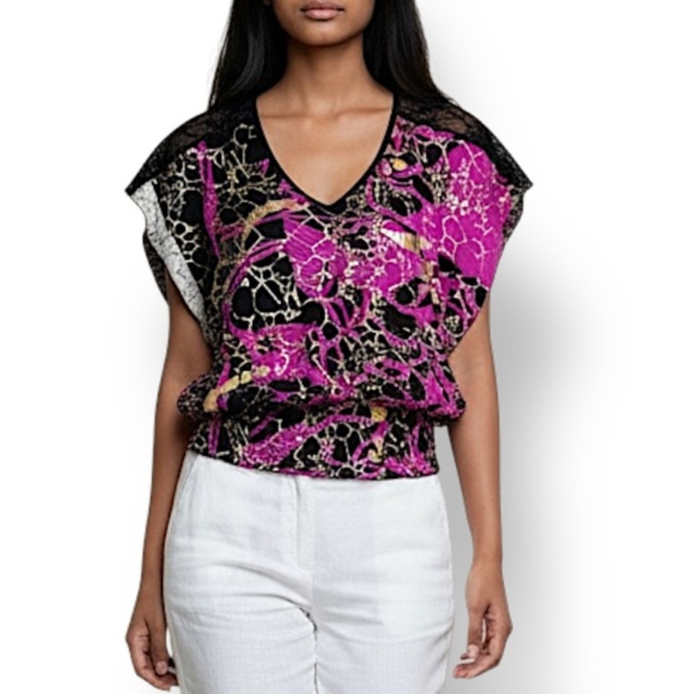 4/$20 Cleo Apparel Sheer Black Lace Back Dolman V-Neck Purple Top Small